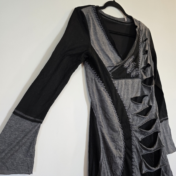 Black Gray Patchwork Shirt Dress Shredded Detailing Throughout Long Sleeves.D140 - Picture 6 of 13